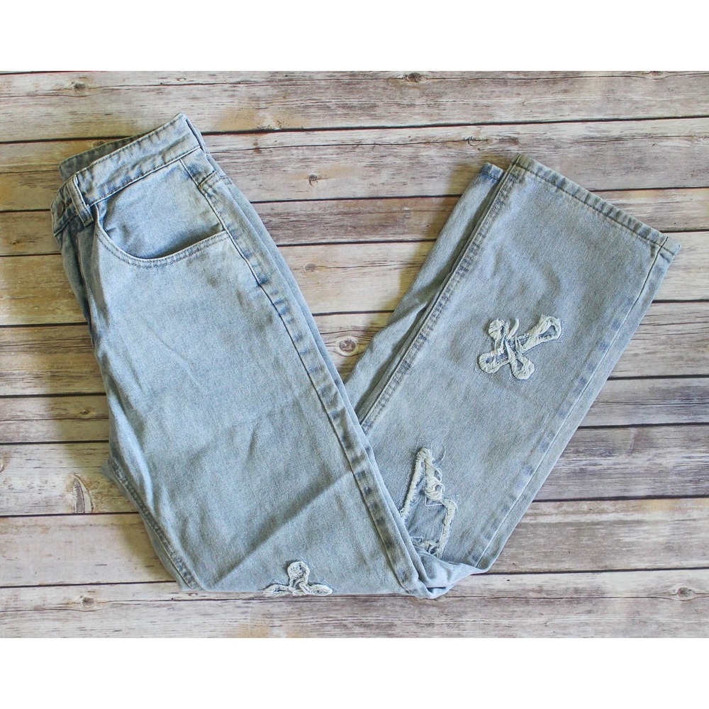 Aelfric Eden Jeans Womens 28 x‎ 29 Light Wash Denim Lightning Bolt Cross Patches